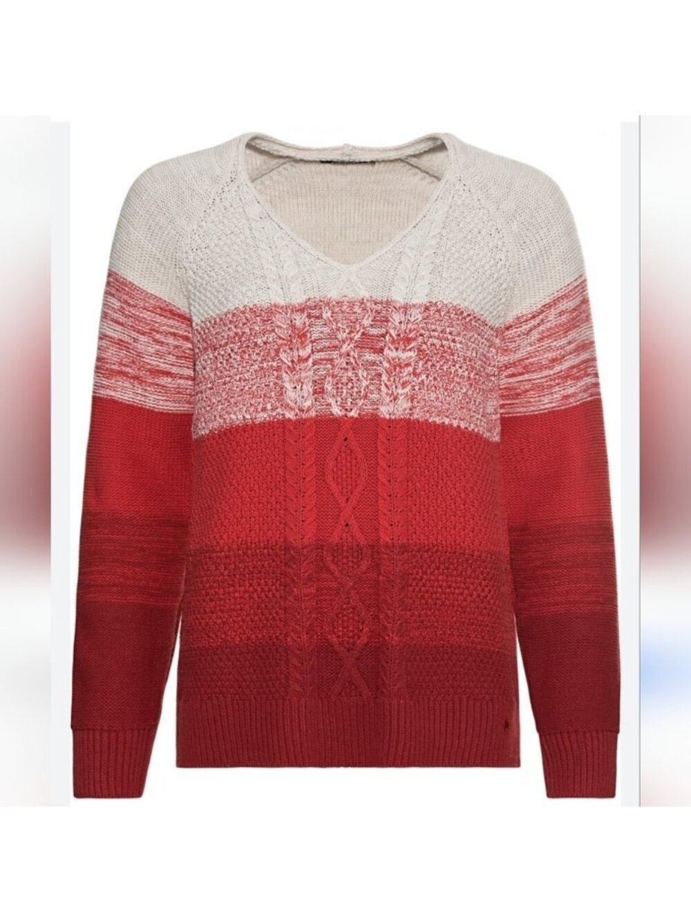 Olsen Europe cotton blend sweater ivory red maple cable knit jumper v neck Sz XL